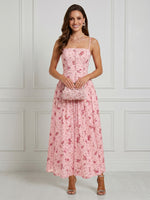 Floral Print A Line Square Neck Spaghetti Straps Maxi Cocktail Dresses