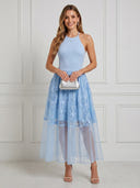 Satin A Line Halter Sleeveless Maxi Cocktail Dresses with Lace Appliques