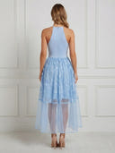 Satin A Line Halter Sleeveless Maxi Cocktail Dresses with Lace Appliques