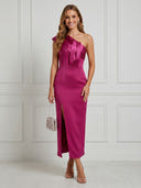 Satin Mermaid One Shoulder Maxi Cocktail Dresses with Slit
