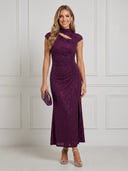 Sequin Mermaid Short Sleeves Maxi Cocktail Dresses with Slit