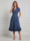 Satin A Line V Neck Short Sleeves Maxi Cocktail Dresses