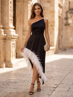 Satin A Line One Shoulder Maxi Cocktail Dresses with Feather