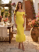 Satin Mermaid Off Shoulder Maxi Cocktail Dresses with Feather