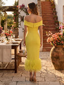 Satin Mermaid Off Shoulder Maxi Cocktail Dresses with Feather
