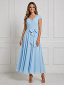 Chiffon A Line V Neck Short Sleeves Maxi Cocktail Dresses with Beads