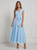 Chiffon A Line V Neck Short Sleeves Maxi Cocktail Dresses with Beads
