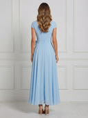 Chiffon A Line V Neck Short Sleeves Maxi Cocktail Dresses with Beads