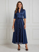 Satin A Line V Neck Short Sleeves Maxi Cocktail Dresses with Sequin