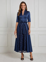 Satin A Line V Neck Short Sleeves Maxi Cocktail Dresses with Sequin