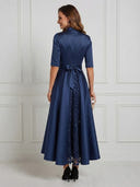 Satin A Line V Neck Short Sleeves Maxi Cocktail Dresses with Sequin