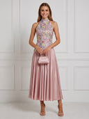 Satin A Line Halter Embroidery Maxi Cocktail Dresses