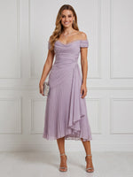 Chiffon A Line Off Shoulder Maxi Cocktail Dresses with Pleated