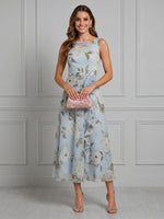 Floral Print A Line Boat Neck Sleeveless Long Cocktail Dresses