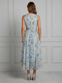 Floral Print A Line Boat Neck Sleeveless Long Cocktail Dresses