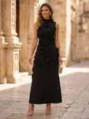 Satin A Line High Neck Sleeveless Long Cocktail Dresses with Flowers