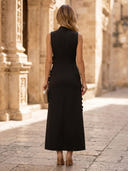 Satin A Line High Neck Sleeveless Long Cocktail Dresses with Flowers