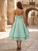 Satin A Line V Neck Strapless Long Cocktail Dresses