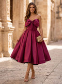 Satin A Line Strapless Long Cocktail Dresses with Bow