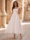 Satin A Line Square Neck Spaghetti Straps Maxi Cocktail Dresses with Beads