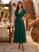 Lace Appliques A Line V Neck Short Sleeves Long Cocktail Dresses