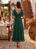 Lace Appliques A Line V Neck Short Sleeves Long Cocktail Dresses