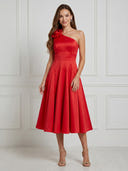 Satin A Line One Shoulder Maxi Cocktail Dresses with Flower