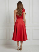 Satin A Line One Shoulder Maxi Cocktail Dresses with Flower