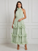 Chiffon A Line Halter Sleeveless Long Cocktail Dresses with Ruffles