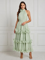 Chiffon A Line Halter Sleeveless Long Cocktail Dresses with Ruffles