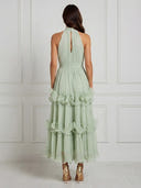 Chiffon A Line Halter Sleeveless Long Cocktail Dresses with Ruffles