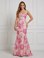 Jacquard Mermaid Square Neck Spaghetti Straps Long Cocktail Dresses