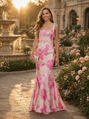 Jacquard Mermaid Square Neck Spaghetti Straps Long Cocktail Dresses