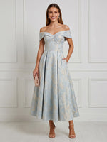 Jacquard A Line Off Shoulder Long Cocktail Dresses with Pockets