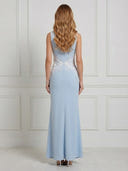 Satin Mermaid Boat Neck Long Cocktail Dresses with Lace