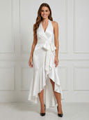 Satin A Line V Neck Sleeveless Long Cocktail Dresses