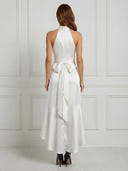 Satin A Line V Neck Sleeveless Long Cocktail Dresses