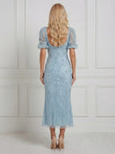 Sequin Mermaid V Neck Puff Sleeves Maxi Cocktail Dresses