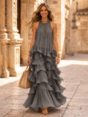 Chiffon A Line Halter Long Cocktail Dresses with Tiered
