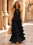 Chiffon A Line Halter Long Cocktail Dresses with Tiered