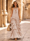 Chiffon A Line Halter Long Cocktail Dresses with Tiered