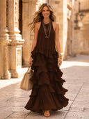 Chiffon A Line Halter Long Cocktail Dresses with Tiered