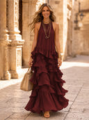 Chiffon A Line Halter Long Cocktail Dresses with Tiered