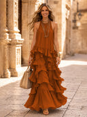Chiffon A Line Halter Long Cocktail Dresses with Tiered