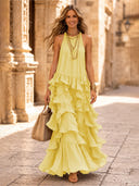 Chiffon A Line Halter Long Cocktail Dresses with Tiered
