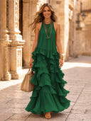 Chiffon A Line Halter Long Cocktail Dresses with Tiered
