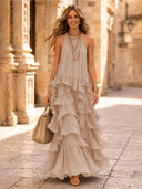 Chiffon A Line Halter Long Cocktail Dresses with Tiered