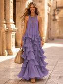 Chiffon A Line Halter Long Cocktail Dresses with Tiered