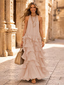Chiffon A Line Halter Long Cocktail Dresses with Tiered