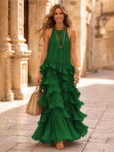 Chiffon A Line Halter Long Cocktail Dresses with Tiered